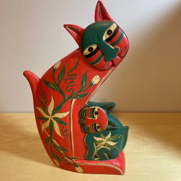 Laurel Burch Inspired Orange, Green, Gold Cat and Kitten - Picture 1 of 6